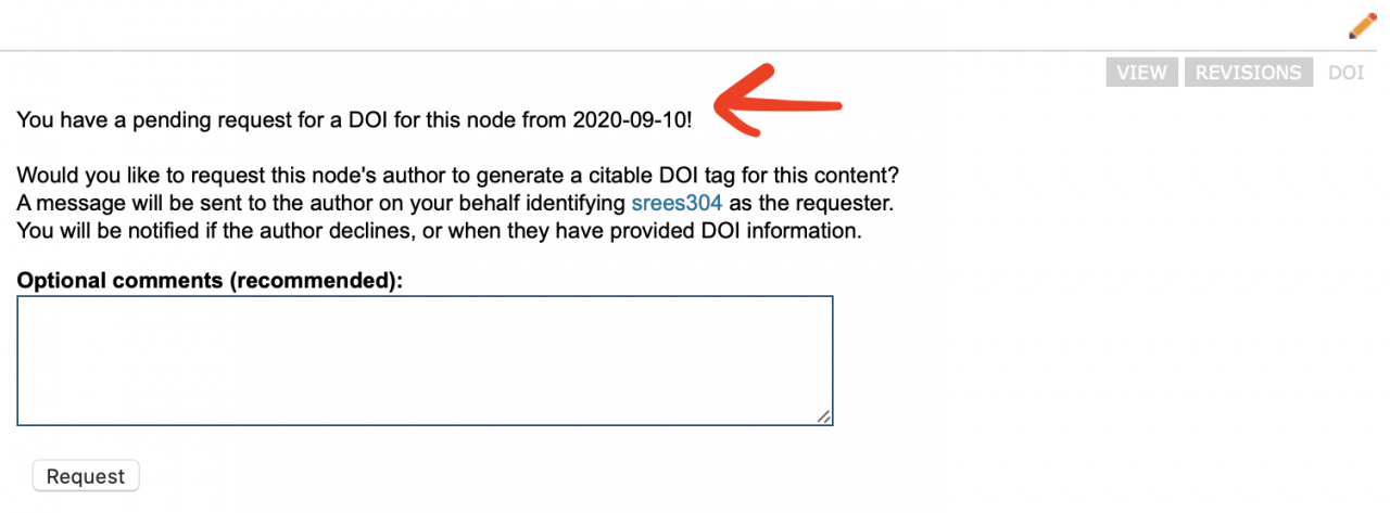 Example of form for requesting a DOI from another author, with previous pending request.