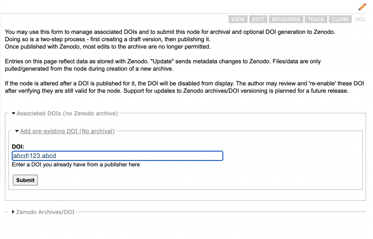 Example of the form for adding a pre-existing DOI to a node.