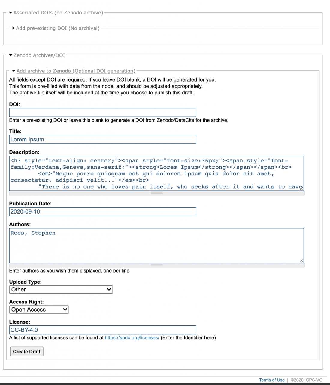 Example of. Zenodo new archive form